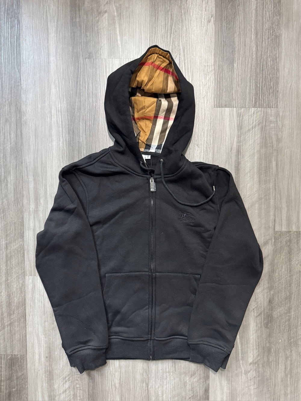Burberry Check Hood Cotton Zip Hoodie Men's Black Plaid Size Medium